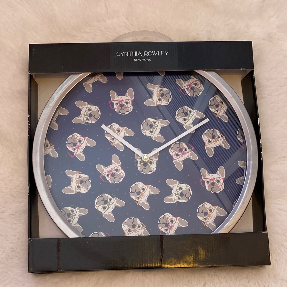 Cynthia Rowley Navy French Bulldog Pattern wall clock new